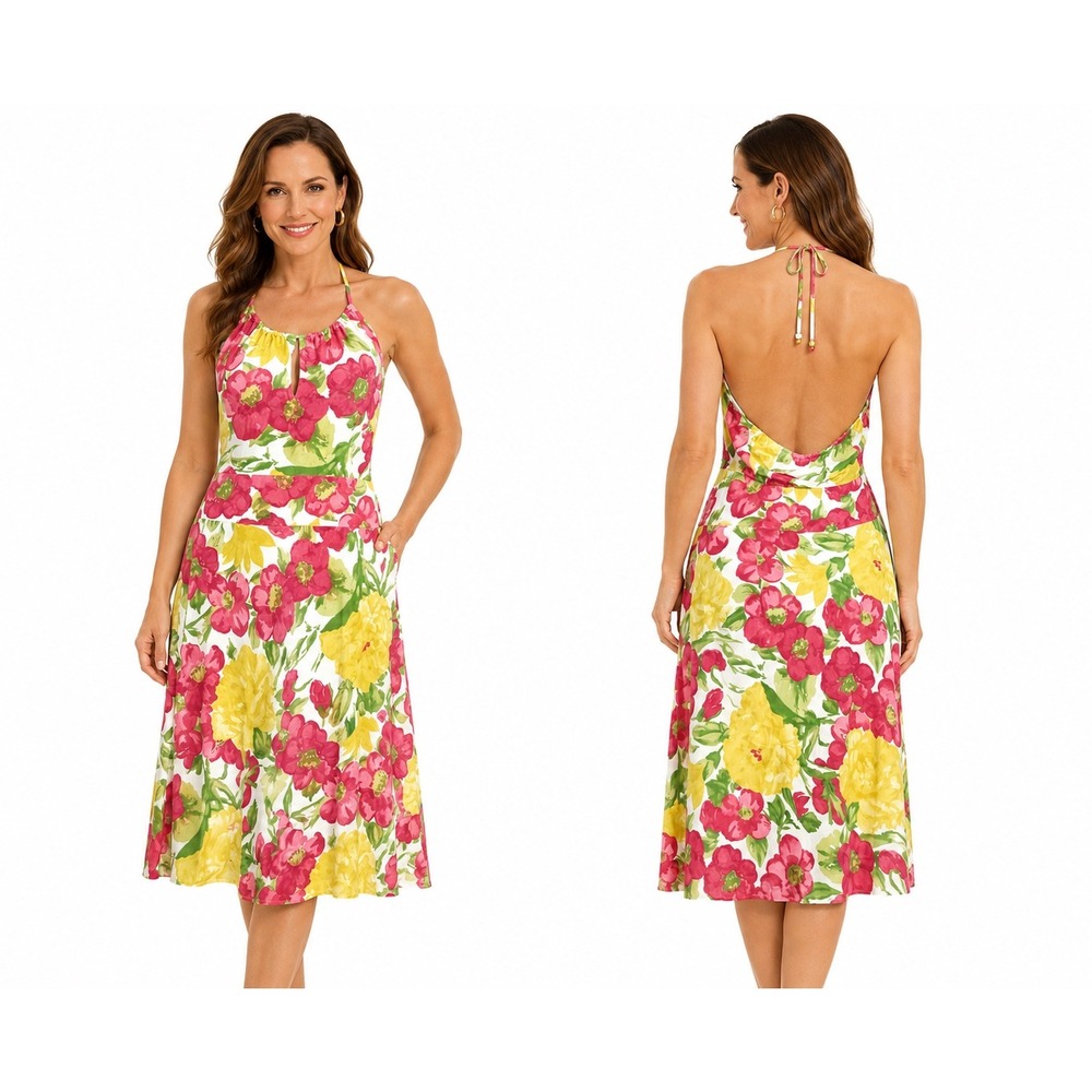 Ann Taylor LOFT Floral Halter Midi Dress Pink Yellow White Open Back Pockets 16